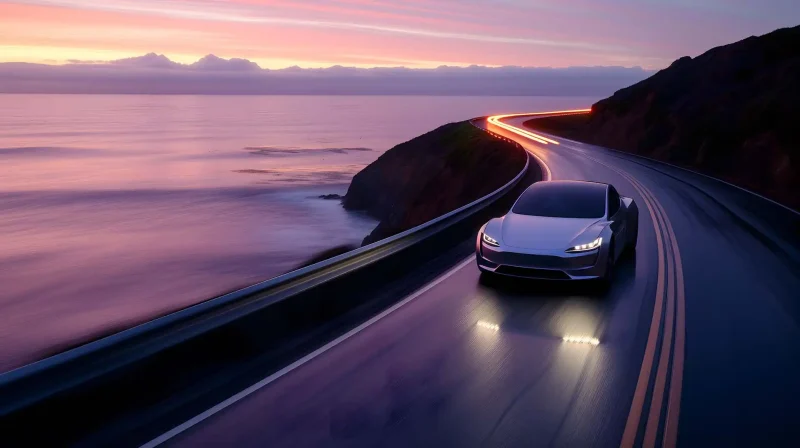 A futuristic car driving on a winding coastal road at dusk with glowing headlights and a vibrant sunset.