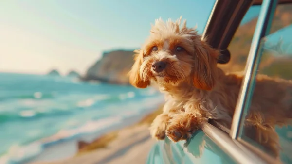 A happy dog enjoying the ocean breeze through a car window after a car wash.