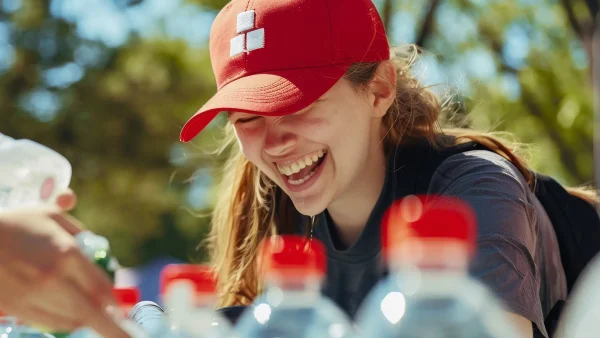 A cheerful volunteer helping at a local charity event