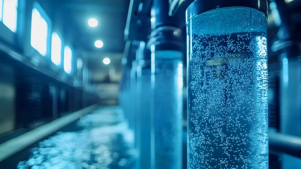 Close-up of a water filtration system with bubbles in transparent tubes