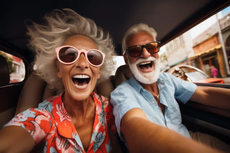 Happy couple riding in car excited to visit aquasonic car wash