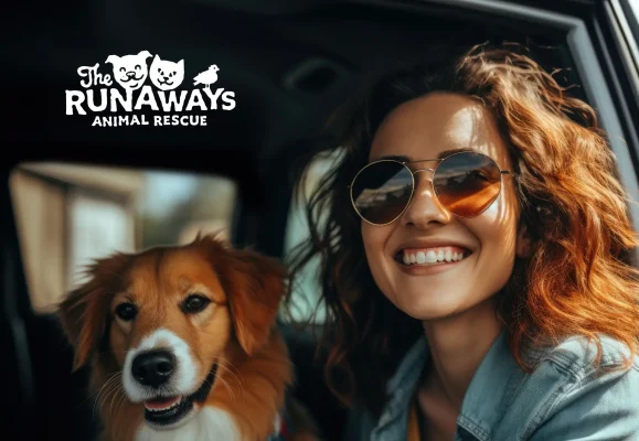 Smiling woman with rescue dog in car, supporting Runaways Animal Rescue with AquaSonic.